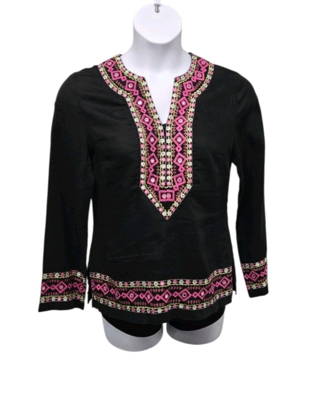 Silkland Womens 10 Black Linen Tunic Top Embroidered Casual Boho Summer Classic